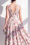 Vestido midi florido en línea en V con escote en V y fruncido