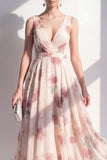 Vestido midi midi floral enrugado de chiffon A-line con escote en V