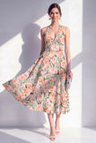 Vestido Midi A-Line rosa con escote halter y lazo