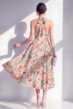 Vestido Midi A-Line rosa con escote halter y lazo