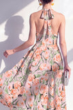 Vestido Midi A-Line rosa con escote halter y lazo