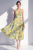 Vestido Midi A-Line rosa con escote halter y lazo