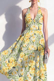Vestido Midi A-Line rosa con escote halter y lazo
