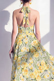 Vestido Midi A-Line rosa con escote halter y lazo