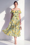 Vestido midi de flor rosa de hombro descubierto en línea A