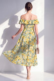 Vestido midi de flor rosa de hombro descubierto en línea A