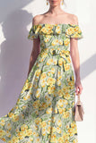 Vestido midi de flor rosa de hombro descubierto en línea A