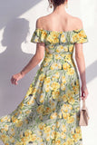 Vestido midi de flor rosa de hombro descubierto en línea A