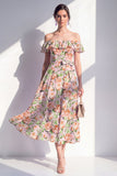 Vestido midi de flor rosa de hombro descubierto en línea A