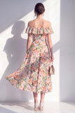 Vestido midi de flor rosa de hombro descubierto en línea A
