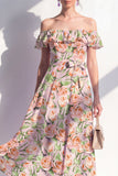 Vestido midi de flor rosa de hombro descubierto en línea A