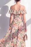 Vestido midi de flor rosa de hombro descubierto en línea A