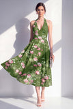 Vestido midi floral midi de chiffon de gasa verde oscuro con escote halter