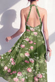 Vestido midi floral midi de chiffon de gasa verde oscuro con escote halter