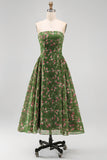 Vestido midi midi floral verde oscuro sin tirantes de gasa A