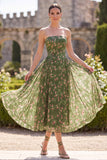Vestido midi midi floral verde oscuro sin tirantes de gasa A