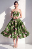Vestido midi midi floral verde oscuro sin tirantes de gasa A
