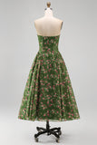 Vestido midi midi floral verde oscuro sin tirantes de gasa A