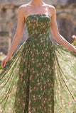 Vestido midi midi floral verde oscuro sin tirantes de gasa A