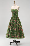Vestido midi midi floral verde oscuro sin tirantes de gasa A