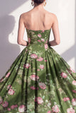 Vestido midi midi floral verde oscuro sin tirantes de gasa A