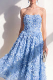 Vestido Midi A-Line Azul Aplicada sin tirantes