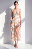 Vestido midi de flor rosa espagueti sin tirantes de gasa con volantes y abertura