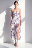 Vestido midi de flor rosa espagueti sin tirantes de gasa con volantes y abertura