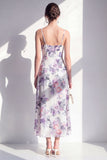 Vestido midi de flor rosa espagueti sin tirantes de gasa con volantes y abertura