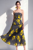 Vestido Midi de gasa de flor amarilla negra sin tirantes