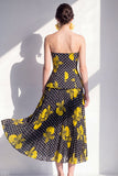 Vestido Midi de gasa de flor amarilla negra sin tirantes