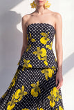 Vestido Midi de gasa de flor amarilla negra sin tirantes