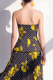 Vestido Midi de gasa de flor amarilla negra sin tirantes