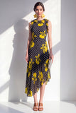 Vestido Midi asimétrico de gasa asimétrica de flor amarilla en línea A