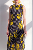 Vestido Midi asimétrico de gasa asimétrica de flor amarilla en línea A