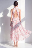 Vestido midi de Flor rosa A-Line de gasa con escote halter