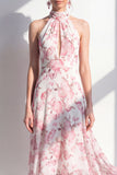 Vestido midi de Flor rosa A-Line de gasa con escote halter