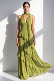 Vestido Maxi de chiffon de chiffon amarillo A-line con escote en forma de húper y volantes