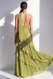 Vestido Maxi de chiffon de chiffon amarillo A-line con escote en forma de húper y volantes