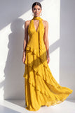 Vestido Maxi de chiffon de chiffon amarillo A-line con escote en forma de húper y volantes
