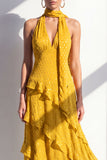 Vestido Maxi de chiffon de chiffon amarillo A-line con escote en forma de húper y volantes