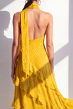 Vestido Maxi de chiffon de chiffon amarillo A-line con escote en forma de húper y volantes