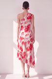 Vestido Midi asimétrico asimétrico de flor azul rojo y flor azul roja