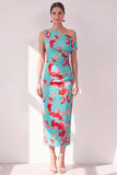 Vestido Midi fruncido con un solo hombro con flor azul roja