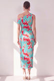 Vestido Midi fruncido con un solo hombro con flor azul roja