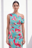Vestido Midi fruncido con un solo hombro con flor azul roja