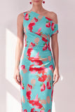 Vestido Midi fruncido con un solo hombro con flor azul roja