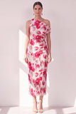 Vestido Midi fruncido con un solo hombro con flor azul roja