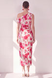 Vestido Midi fruncido con un solo hombro con flor azul roja