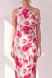 Vestido Midi fruncido con un solo hombro con flor azul roja